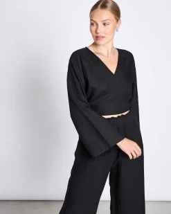 Linen Wrap Blouse Rora Black