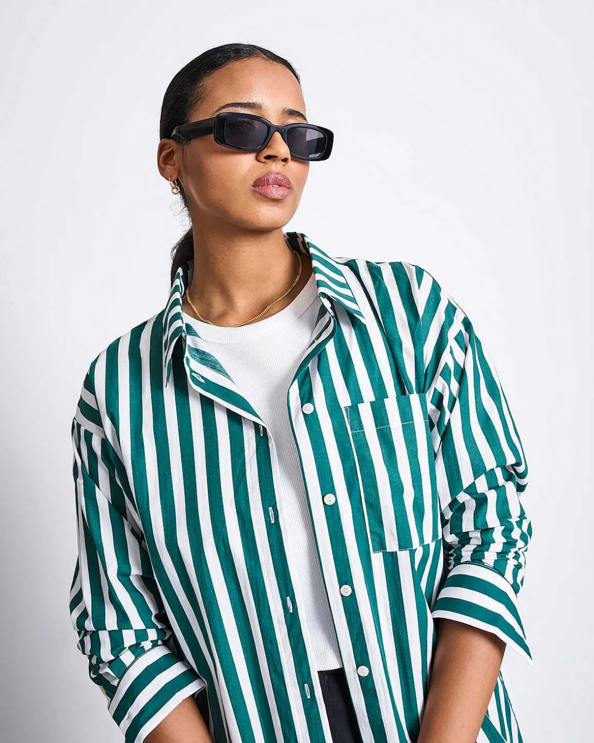 Oversized Shirt Mamro Bottle Green Striped